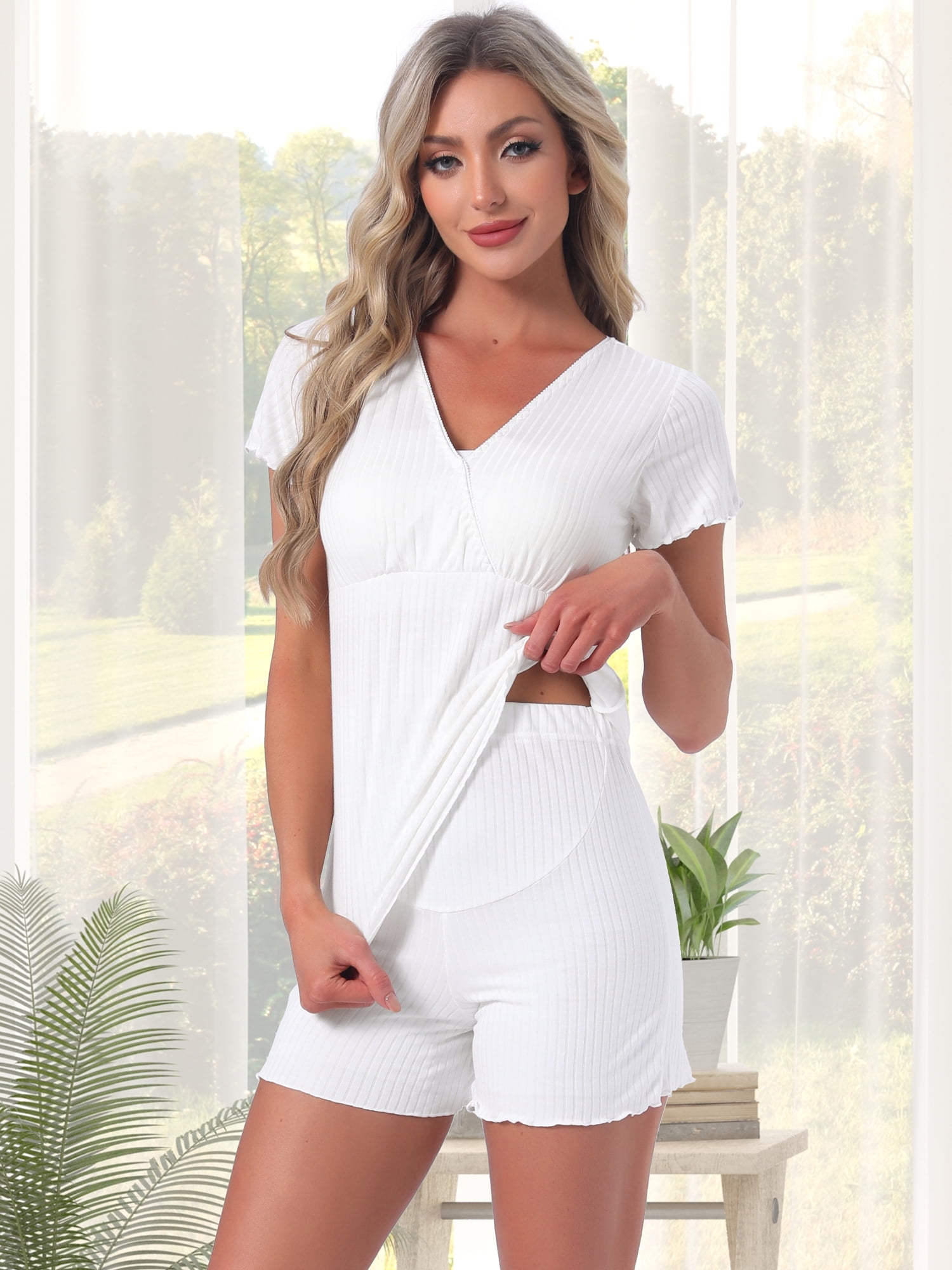 DARING DIVA Women's Soft Nursing Modal Short Sleeves Postpartum Pajama Sets M White