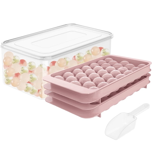 WIBIMEN Ice Cube Tray with Lid and Bin, 2 Pack Round Ice Trays for Freezer, 1" Mini Ice Ball Maker with Storage Container and Tongs, Pink