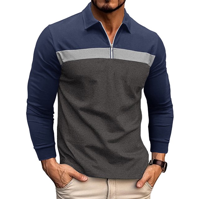 Bellella Hauts pour Hommes Polo à Col Rabattu Manches Longues Blouse Coupe Régulière T-Shirt Colorblock T-Shirts Hommes Gris 2TG