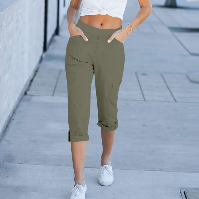 LOVZFMLL Pantalon Capri pour Femme, Pantalon Cargo Décontracté d'Été à Taille Élastiquée à Multiples Poches Vert Armée, 2TG