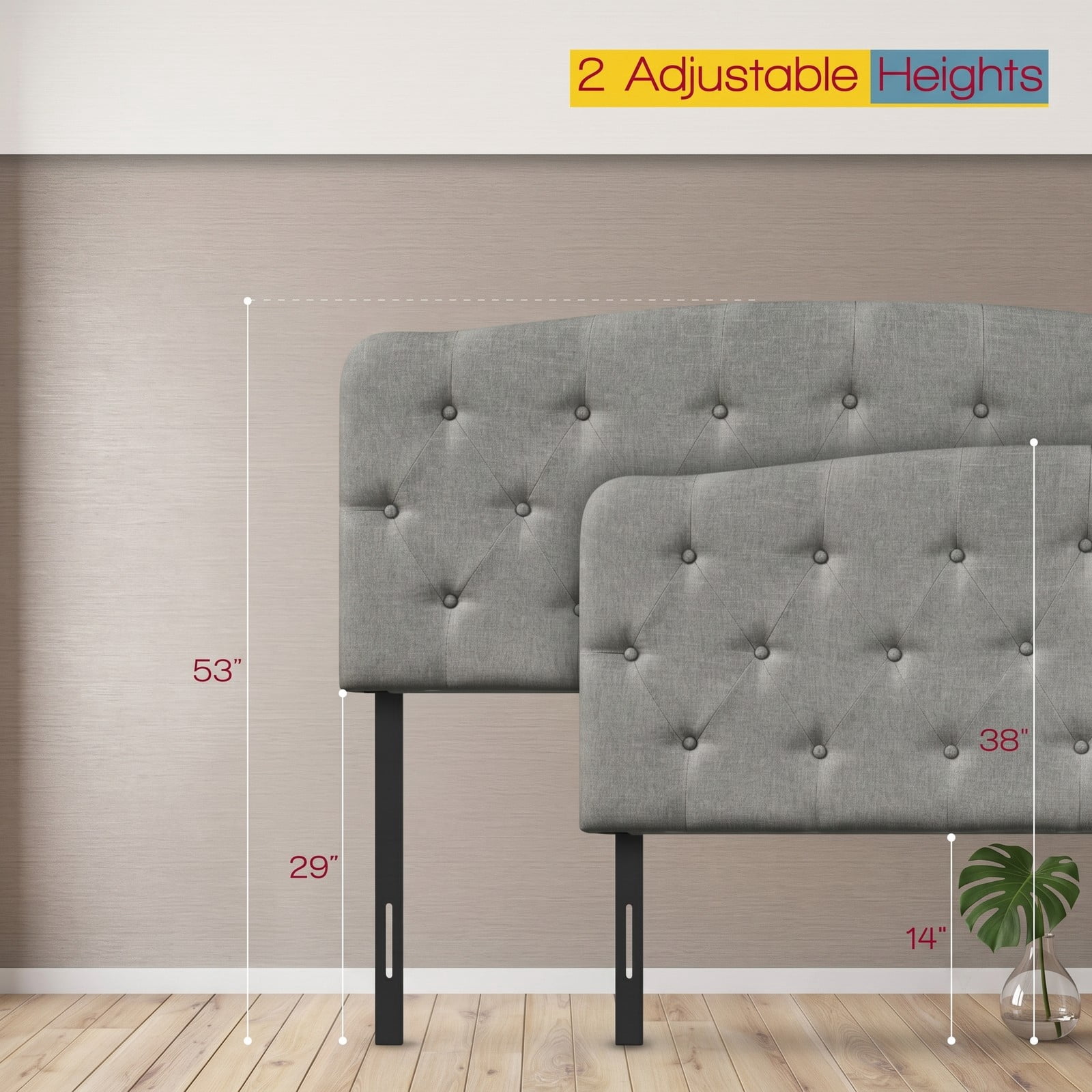 Furnibear Faux Linen Upholstered Full Size Headboard with Diamond Button Tufting and 2 Adjustable Heights for Bedroom and Guest Room, Light Gray