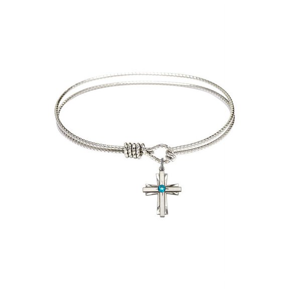 7 1/4 inch Oval Eye Hook Bangle Bracelet w/ Cross medal charm w/ December Blue Swarovski Crystal