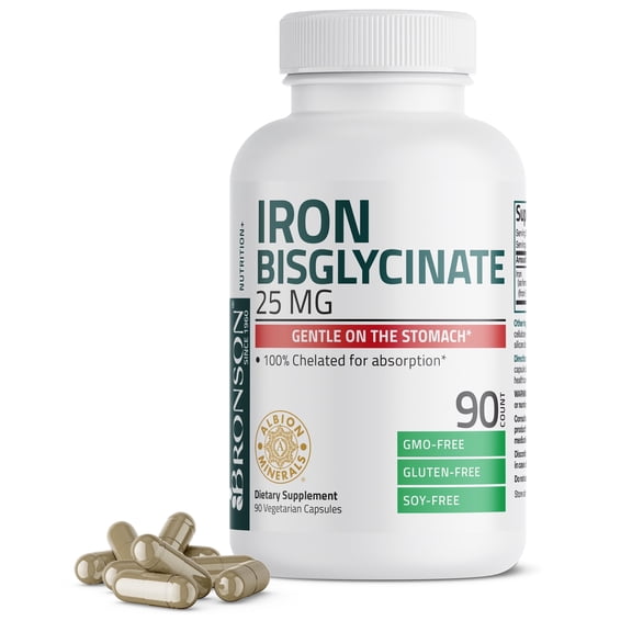 Bronson Iron Bisglycinate 25 mg Gentle on the Stomach, Supports Energy & Healthy Red Blood Cell Production - Non-Constipating Formula - Non GMO, 90 Vegetarian Capsules