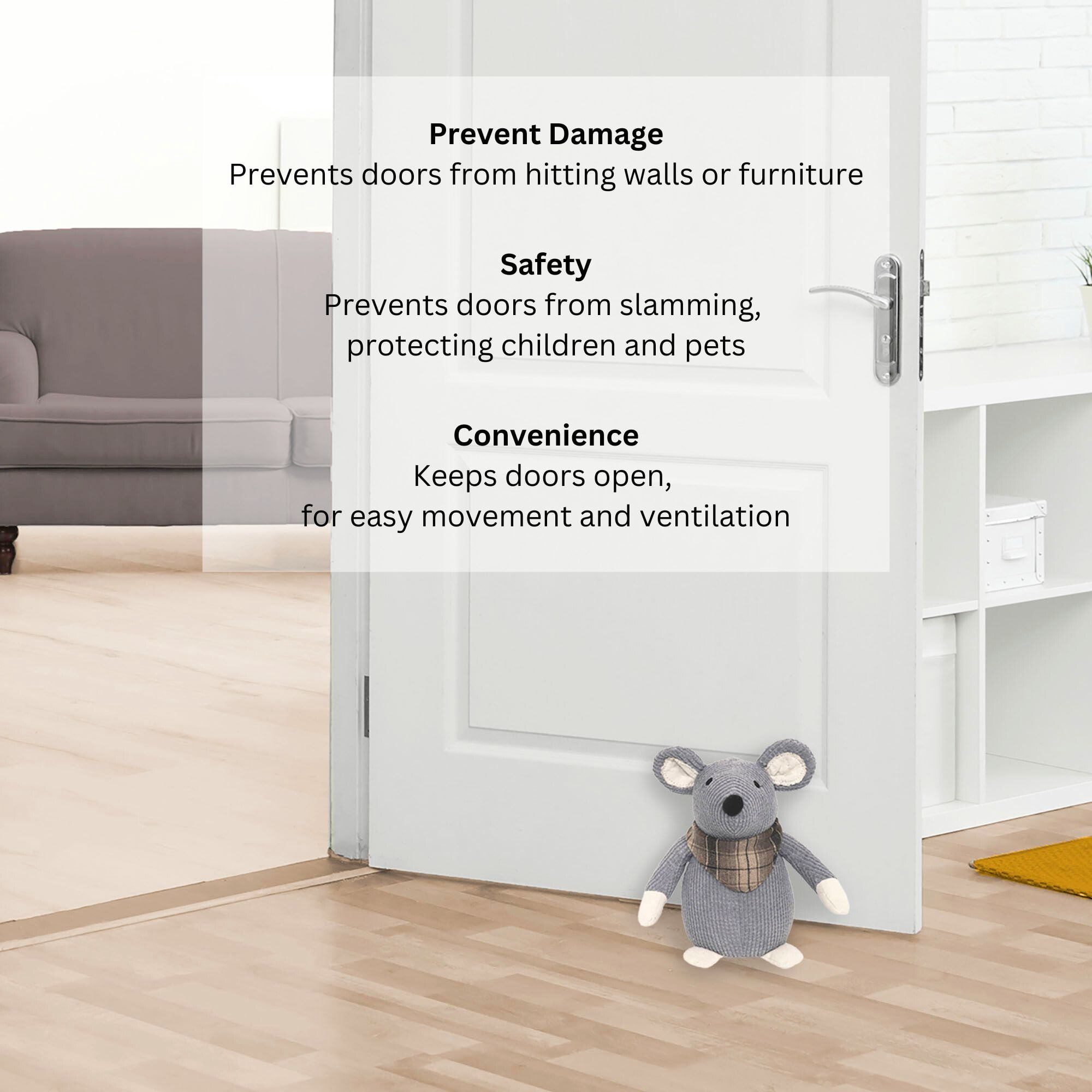 Decorative Mouse Door Stopper - Weighted Animal Doorstop, 2.3 lb., Functional and Cute, Corduroy Fabric - Keeps Doors Open and Prevents Slamming, Perfect for Home or Office - Gray