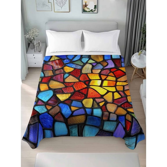 King Flat Sheets 1-Piece Bed Top Sheet Only,Stained Glass Colorful Gradient Soft Microfiber Breathable Flat Sheet,Abstract Geometric Luxury Hotel Quality Bedding Top Sheet