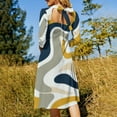 thumbnail image 5 of Abstract Wavy Yellow Navy Gray Women's 3/4 Sleeve Dresses Elegant A-Line Midi Dress Flare Summer Casual Sundress, 5 of 9