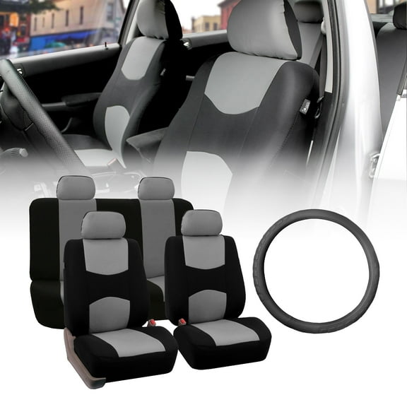 FH Group Flat Cloth Seat Covers for Auto, Full Set with Leather Steering Wheel Cover, Gray Black
