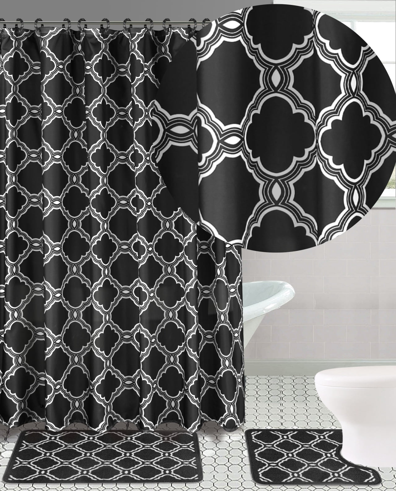 15-Piece Bathroom Set: 2-Rugs/Mats Non Slip, 1 Fabric Shower Curtain, With 12-Fabric Covered Rings, Different Styles and Colors For Home Bath Dcor Ryan Black