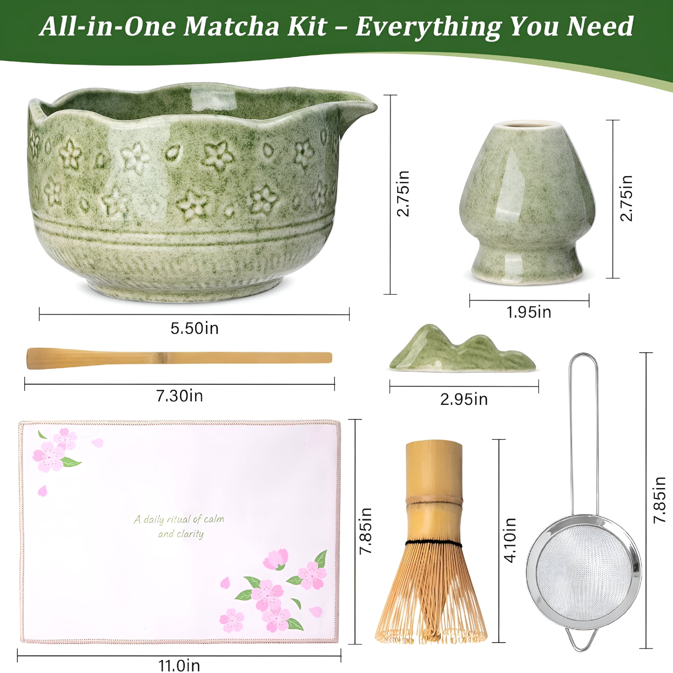 ACDANC Matcha Whisk Set-7 Pcs Ceramic Matcha Kit with 18Oz Spout Bowl&Cherry Blossom Design,Bamboo Whisk&Holder,Scoop,Rest,Sifter,Towel,Elegant Japanese Tea Gift Set