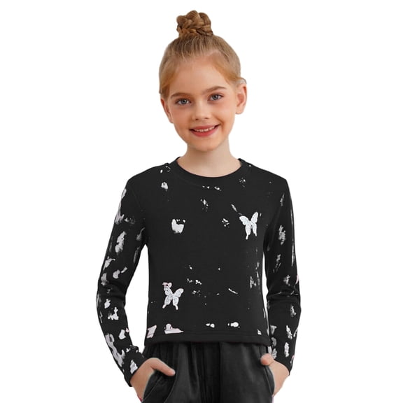 TSSOE Girl's Long Sleeve Crop Top Athletic Streetwear Hip-Hop Clothes Round Neck Pullover Shirts Basic Tees Black 8-10