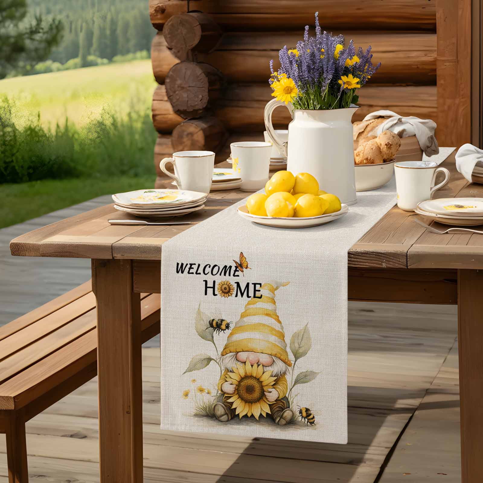 Welcome Home Gnome Table Runner 90 Inches Long, Vintage Sunflower Bee Butterfly Table Runners Tabletop Scarf Kitchen Dining Tables Decoration for Home Party Indoor Outdoor
