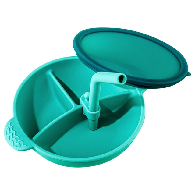 pitrice Baby Bowl Silicone Food Divided Plate with Lid Straw Toddler Training Dish Gift for Girls Boys, Green