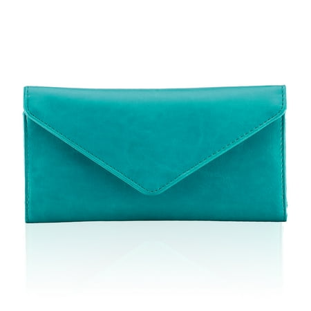 HAWEE Card Wallet RFID Blocking Envelope Style Tri-fold Checkbook Clutch Slim Vegan Leather 2 ID Windows with Coin Pocket, Green