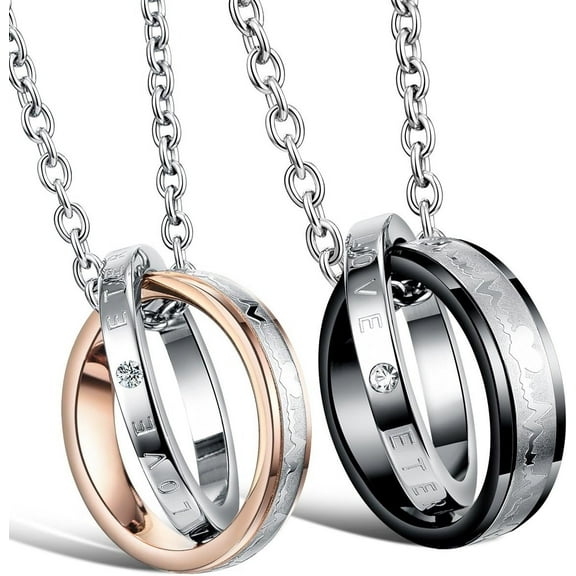 His & Hers Matching Set Titanium Stainless Steel Couple Heartbeat Pendant Necklace - Unique Jewelry Gift