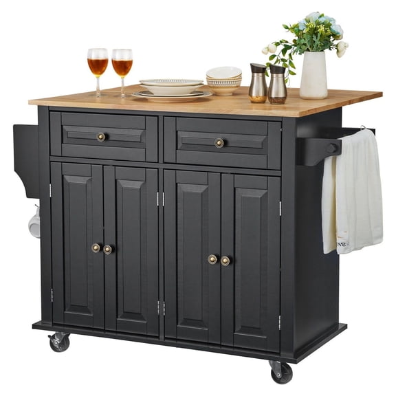 Kitchen Island Cart, 43" Wood Top Rolling Island with Storage, Drop Leaf, Spice Rack, Black