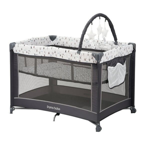 Pamo Babe Portable Playard,Sturdy Play Yard with Padded Mat and Toy Bar with Soft Toys for Newborn(Grey)