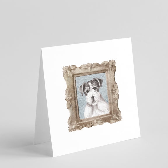 Jack Russell Terrier Black White Front View Square Greeting Cards and Envelopes Pack of 8 5 in x 5 in