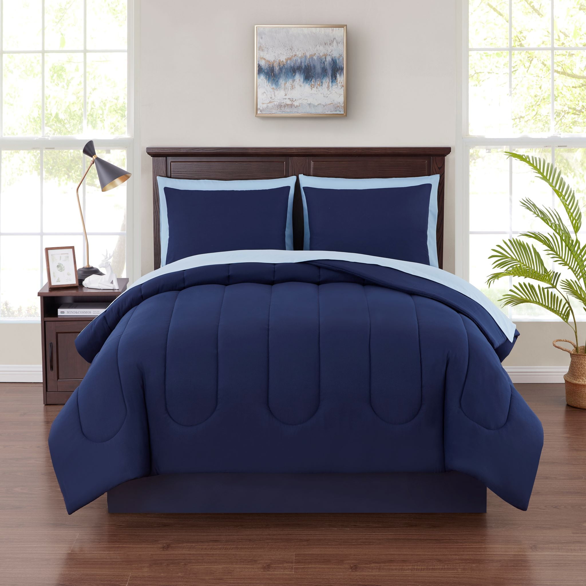 Mainstays Navy 7 Piece Bed in a Bag Comforter Set with Sheets, Queen