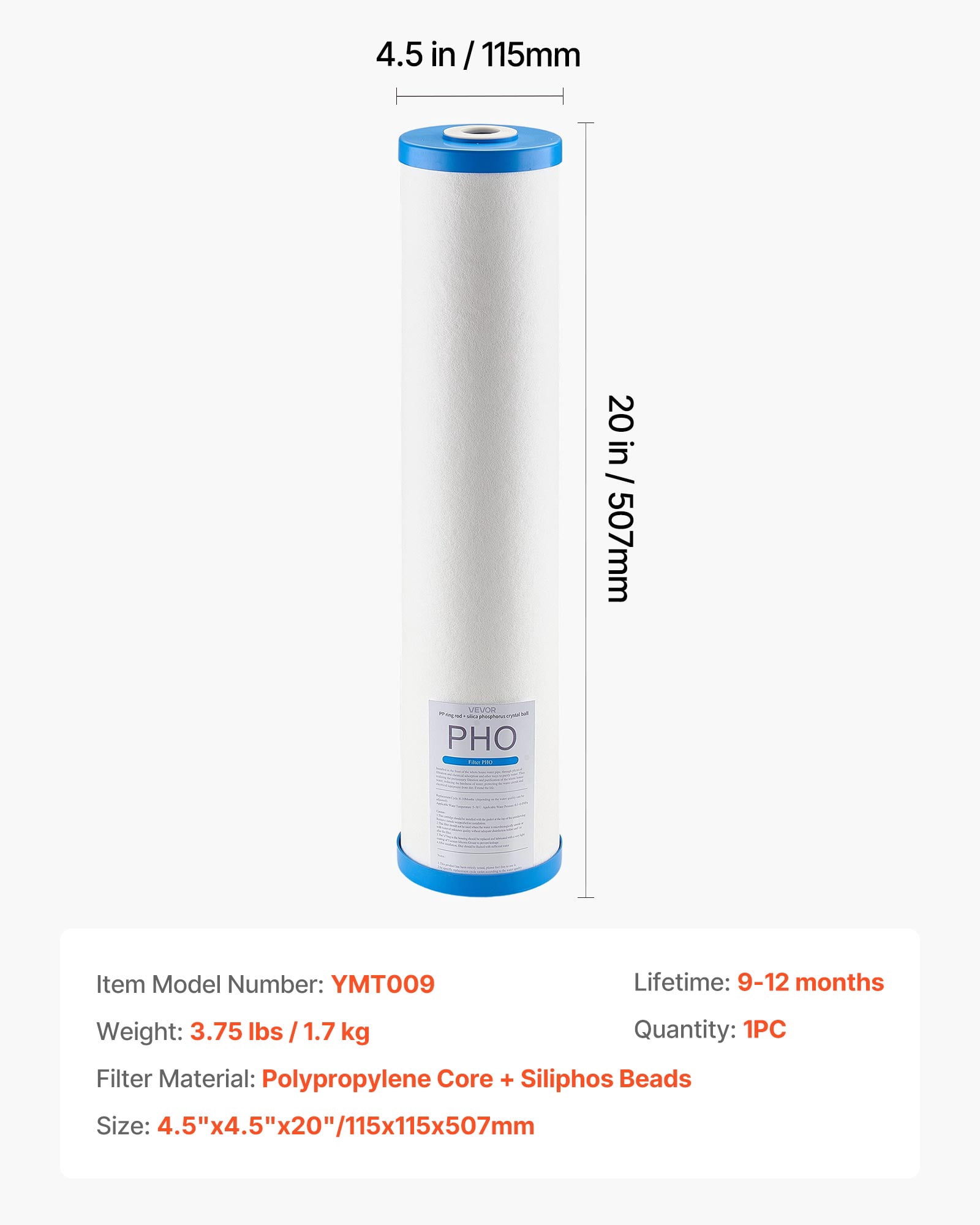 VEVOR Whole House Water Filter Replacement Cartridge, 4.5" x 20" Polyphosphate Scale Inhibitor Filter for Whole Home Water Filtration System, Reduce Chlorine, Taste, Odor, Prevent Corrosion