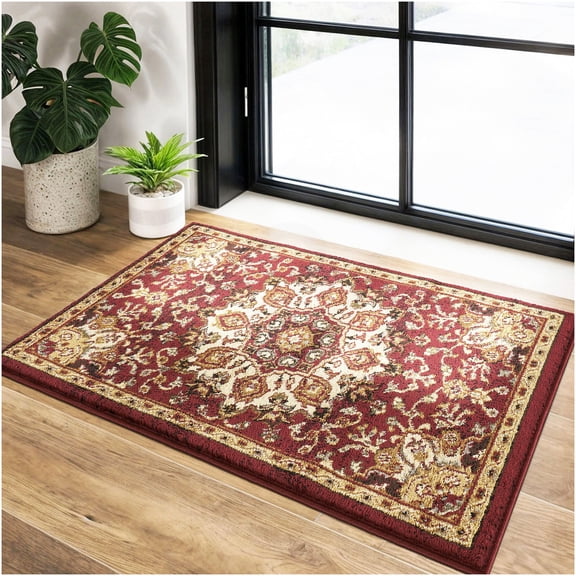 Traditional Medallion Red Polypropylene Accent Rug 2 ft x 3 ft for Everyday Home Decor