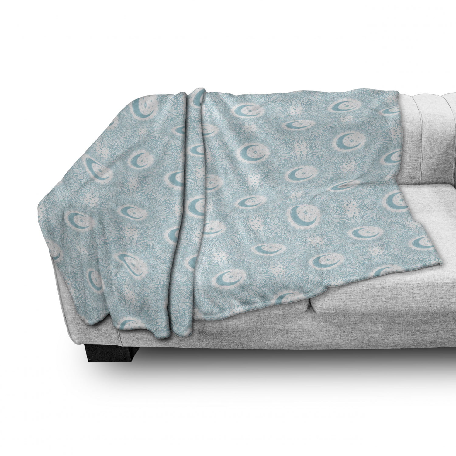 Monochrome Bohemian Illustration of Floral Details and Crescent Moon Cozy Plush for Indoor and Outdoor Use 50 x 60 Ambesonne Oriental Soft Flannel Fleece Throw Blanket Blue Grey and White 