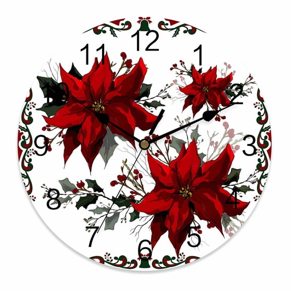 Wall Clock 12 Inch Christmas Poinsettia Flowers Round Silent Decorative Wall Clocks Battery Operated for Living Room Bedroom Kitchen Classroom Decor, White,Large
