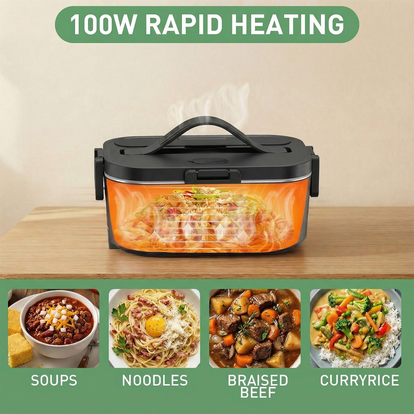 Electric Lunch Box Food Heater, Upgrade 100W High Power Portable Food Warmer, Heated Lunch Box for Adults Car/Home with 2L Removable Stainless Steel Container, 12V/24V/110V/220V,Black