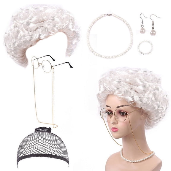 Lady Wig for Women - Classic Granny Wig with Glasses Chain Pearl Necklace Earrings Bracelet Set for