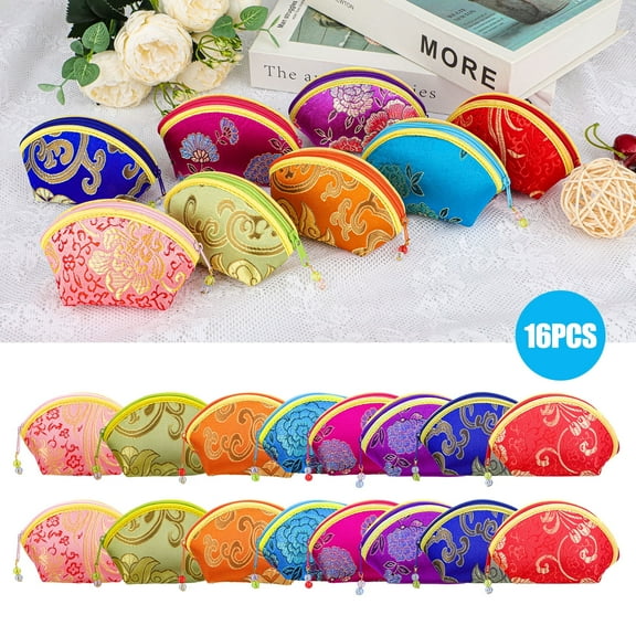 16pcs Silk Coin Purse, TSV Zipper Jewelry Bag, Embroidered Sugar Bag, Lipstick Container, Silk Brocade Gift Bags