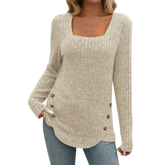 Womens Winter Clothes, Women's Fashion Long-Sleeve Square-Neck Solid Color Button Ribbed Brushed Top, Womens Winter Tops
