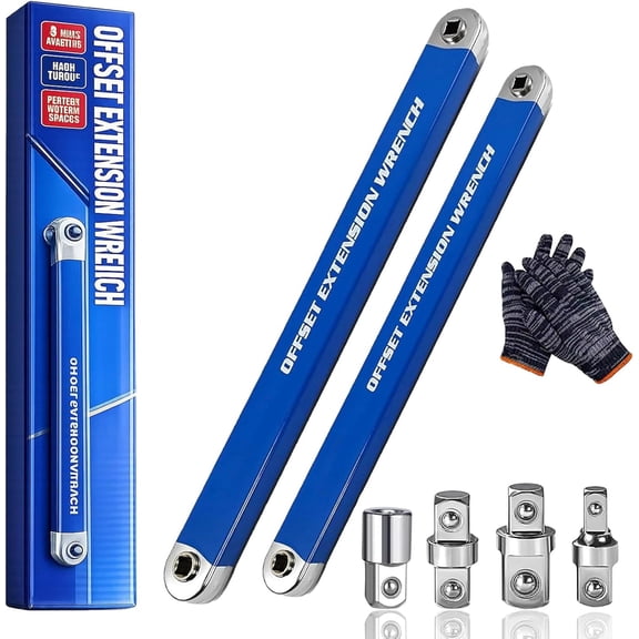 2026 New Offset Extension Wrench Set, 15-Inch Offset Extension Wrench Impact with 1/2", 1/4" and 3/8" Square Drive Adapters, Zero Degree Ratchet Tool for Car (2Sets)