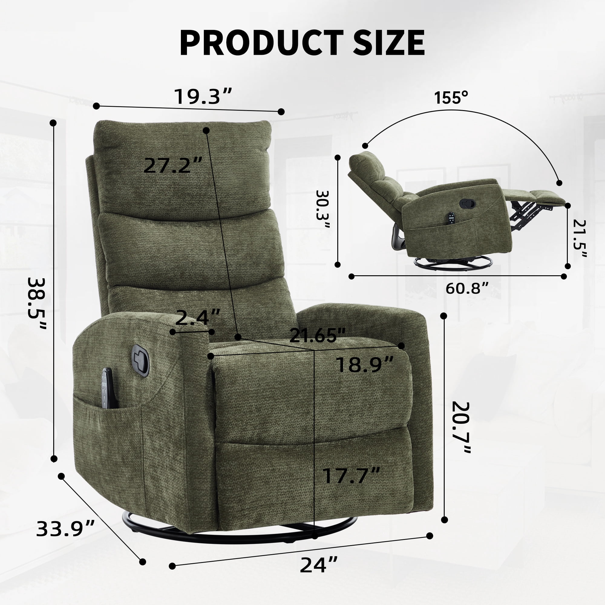 Leumius Swivel Recliner Chair,360° Glider Rocking Chair with Massage and Heating,Soft Chenille Small Manual Recliner for Nursery Home Theater,Green(Chenille)