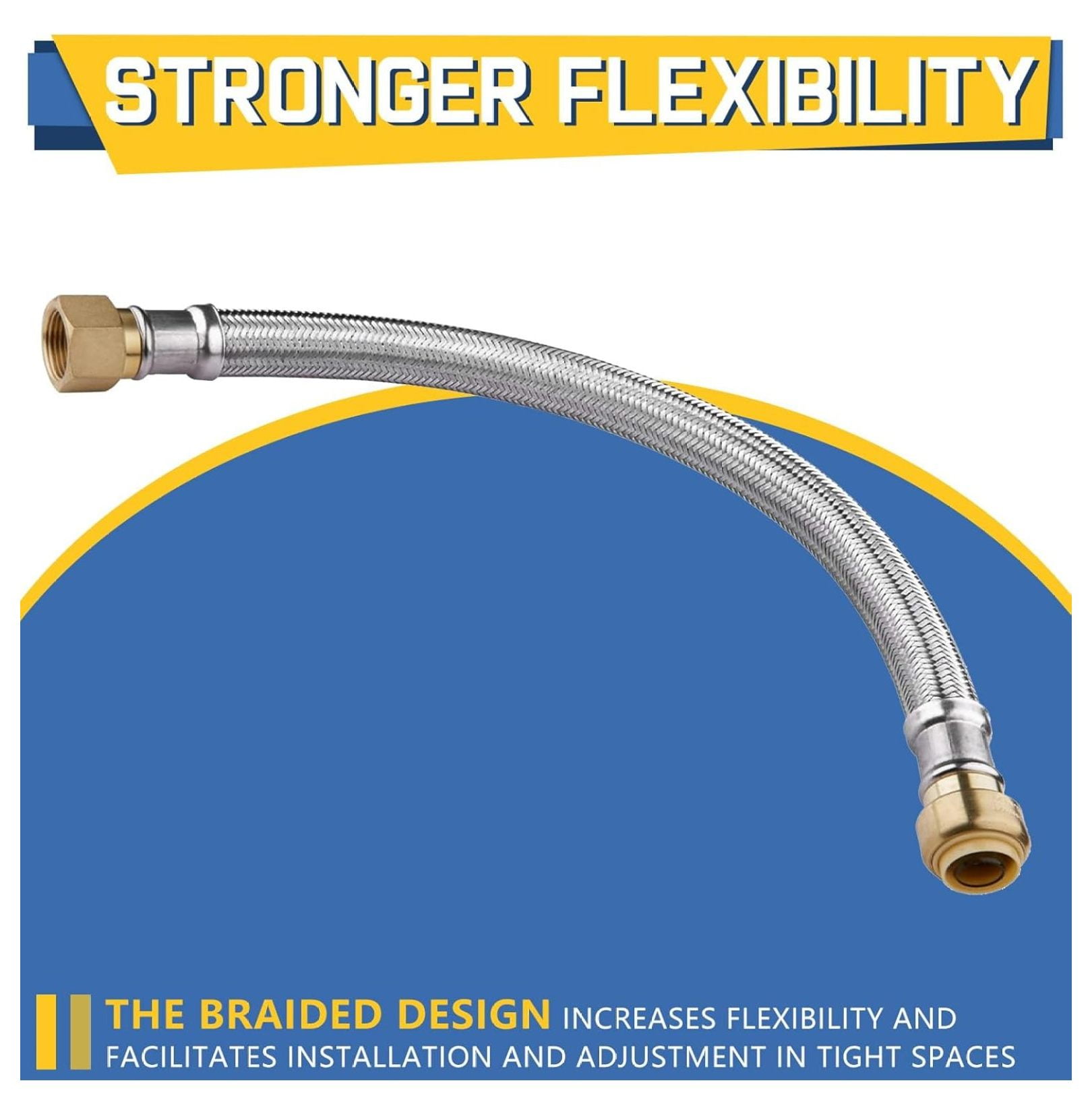 2-Pack 12 Inch Flexible Water Heater Connector,1/2 Inch Push-fit x3/4 Inch FIP, Stainless Steel Braided Hose(HOSE030-2Pack)