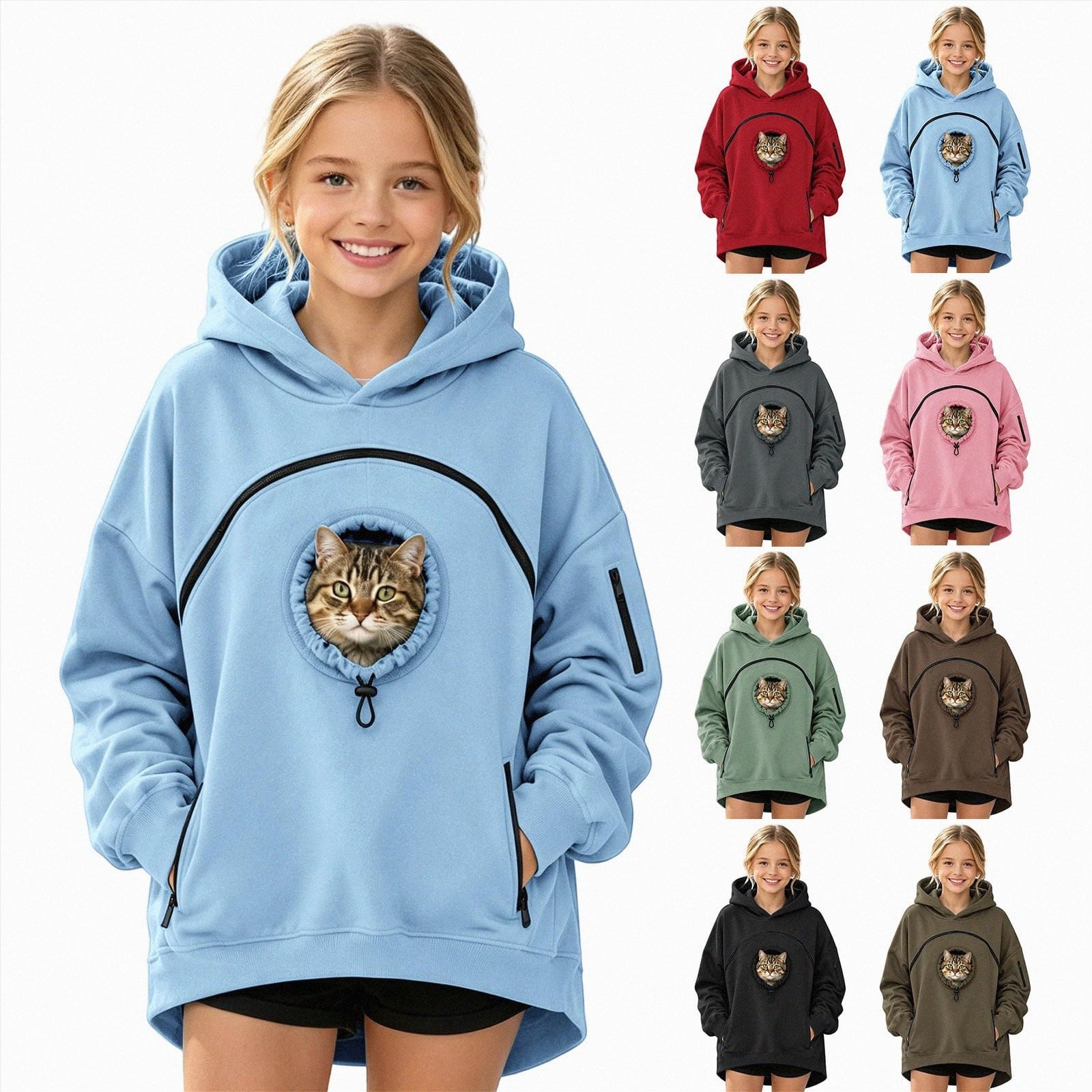 NOLDARES Girls Boys Zippered Pet Pouch Hoodie Kids Oversized Pullover Sweatshirt with Small Dog Cat Carrier Pocket Cozy Fleece Animal Holder Tops Grey 11-12 Years