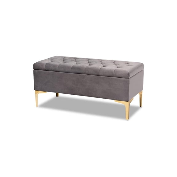 Velvet Storage Ottoman, Grey Upholstered with Gold Legs & Button Tufting