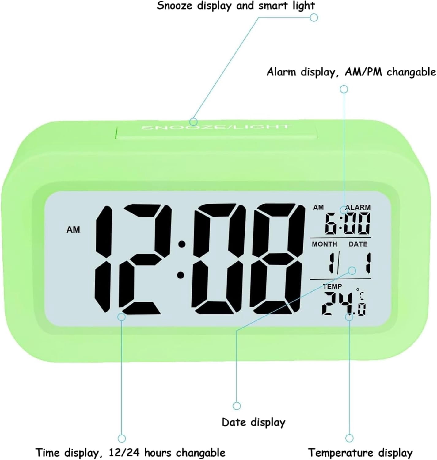 Digital Alarm Clock 4.3 Inch LED Display Battery Powered with Temperature Calendar Snooze Light Control Adjustable Brightness Portable Bedside Clock Green