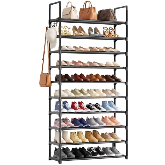Kitsure 10-Tier Shoe Rack Organizer with Hooks for Closet, 32" x 11.5" x 68", Black