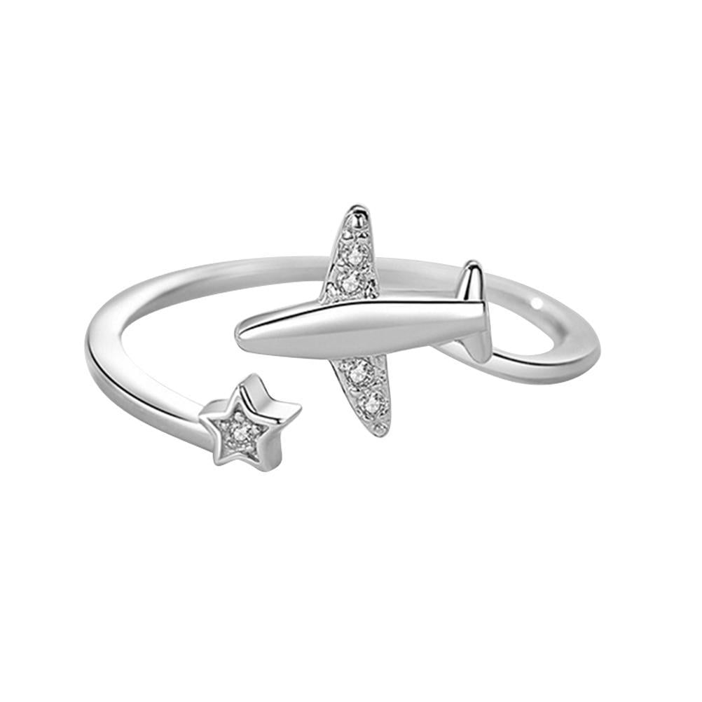 Open Ring 925 Sterling Silver Adjustable Size Star Tours & Plane Blue Crystal 