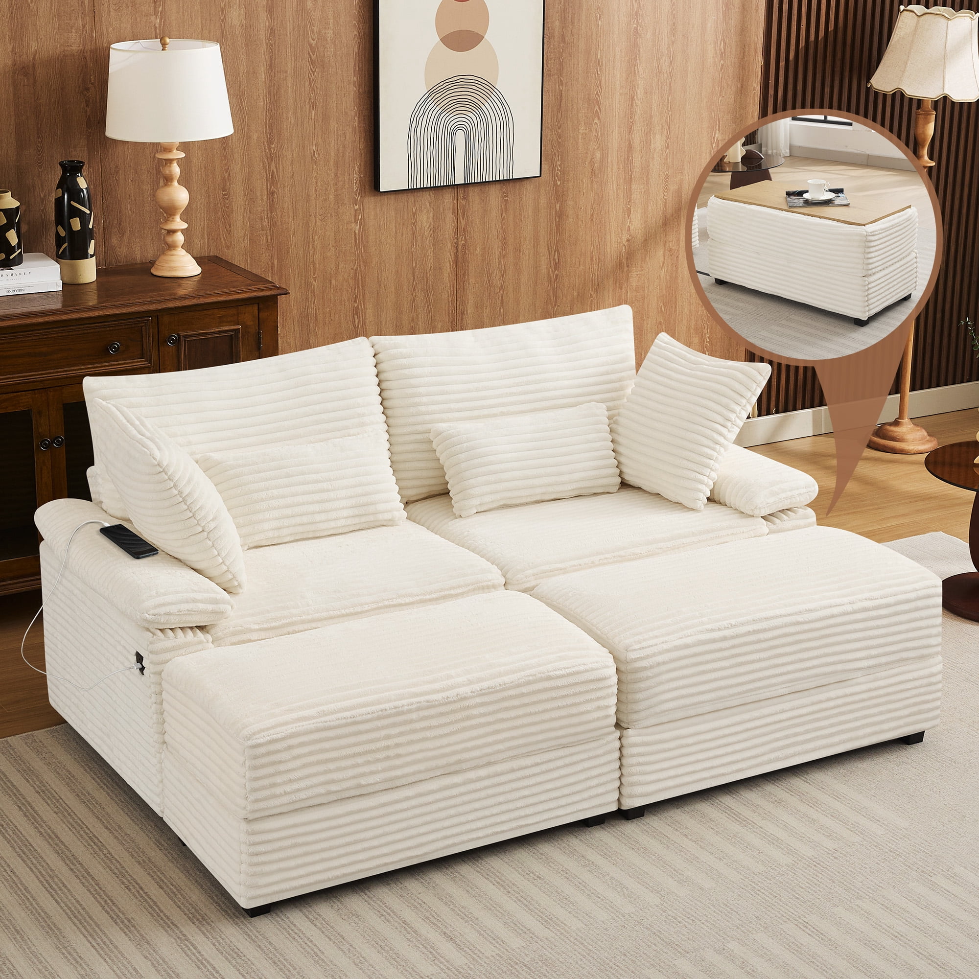 Corduroy Upholstered Sofa for Living Room,Modern Deep Seat Comfy Loveseat Couch with 2 Ottomans,Beige