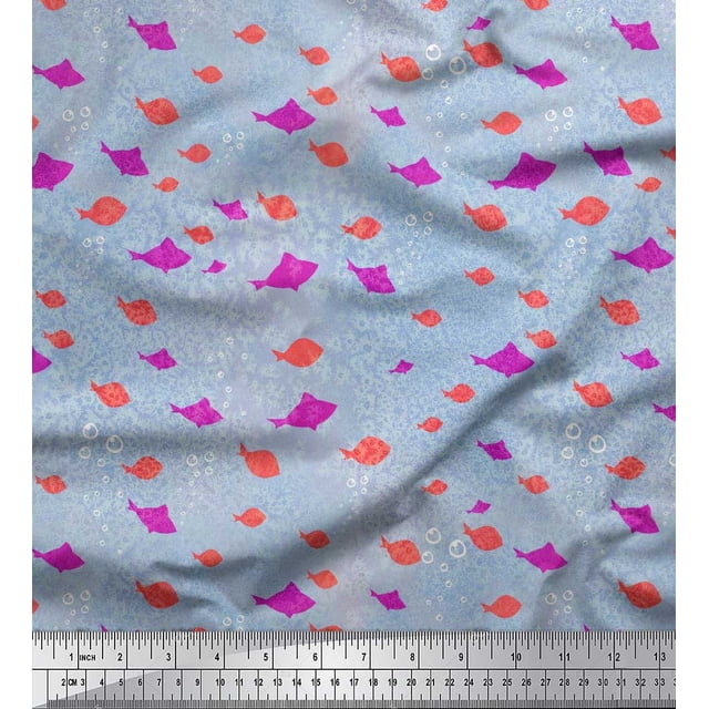 Soimoi Georgette Viscose Fabric Bubbles & Fish Ocean Decor Fabric Printed Yard 42 Inch Wide