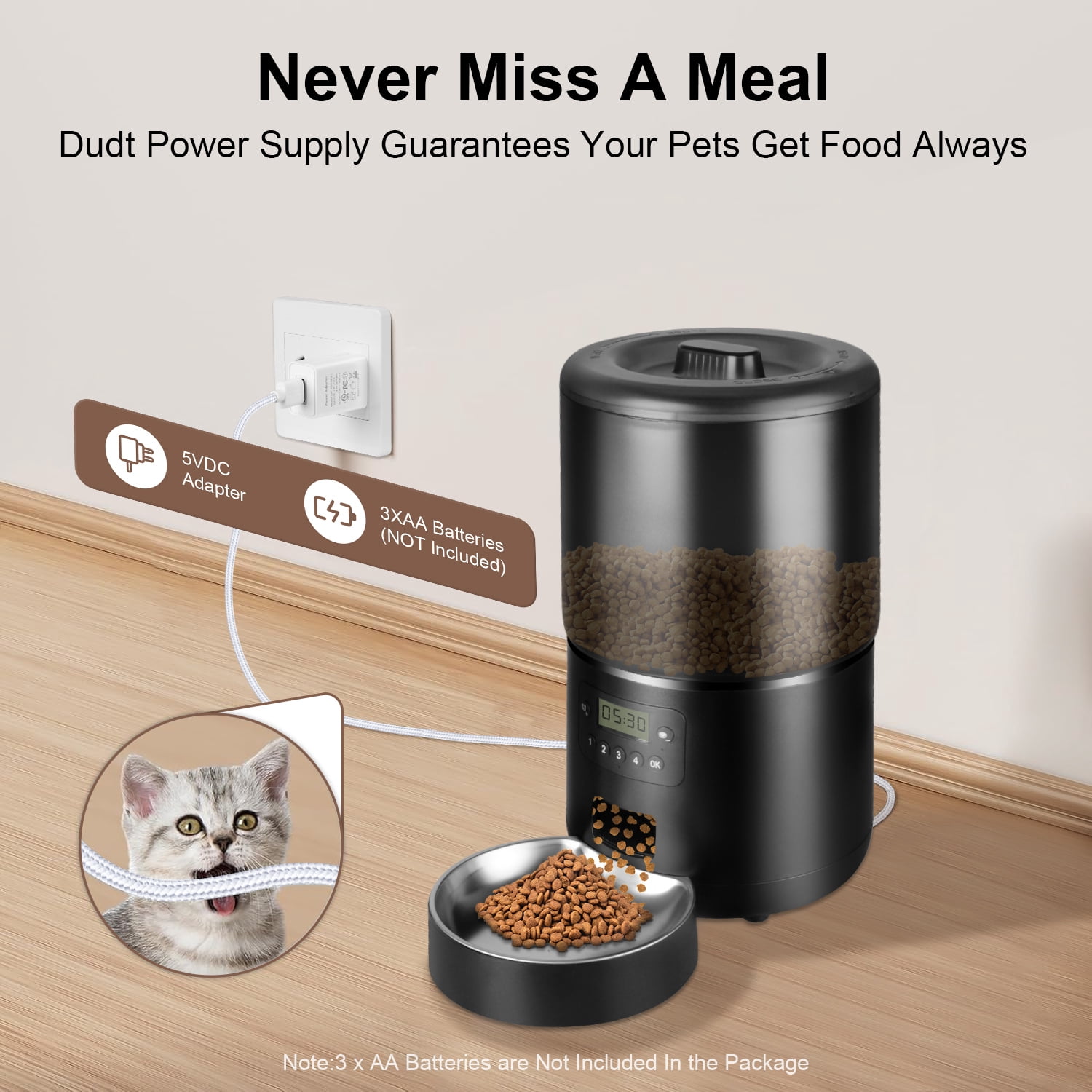 Automatic Cat Feeder,AndHot 4L Detachable Cat Food Dispenser Automatic Feeding for Dry Food Up to 36 Portions(9g/Portion)4 Meals Per Day, Dual Power Supply Timed Cat Feeders for Cats and Dog,Black