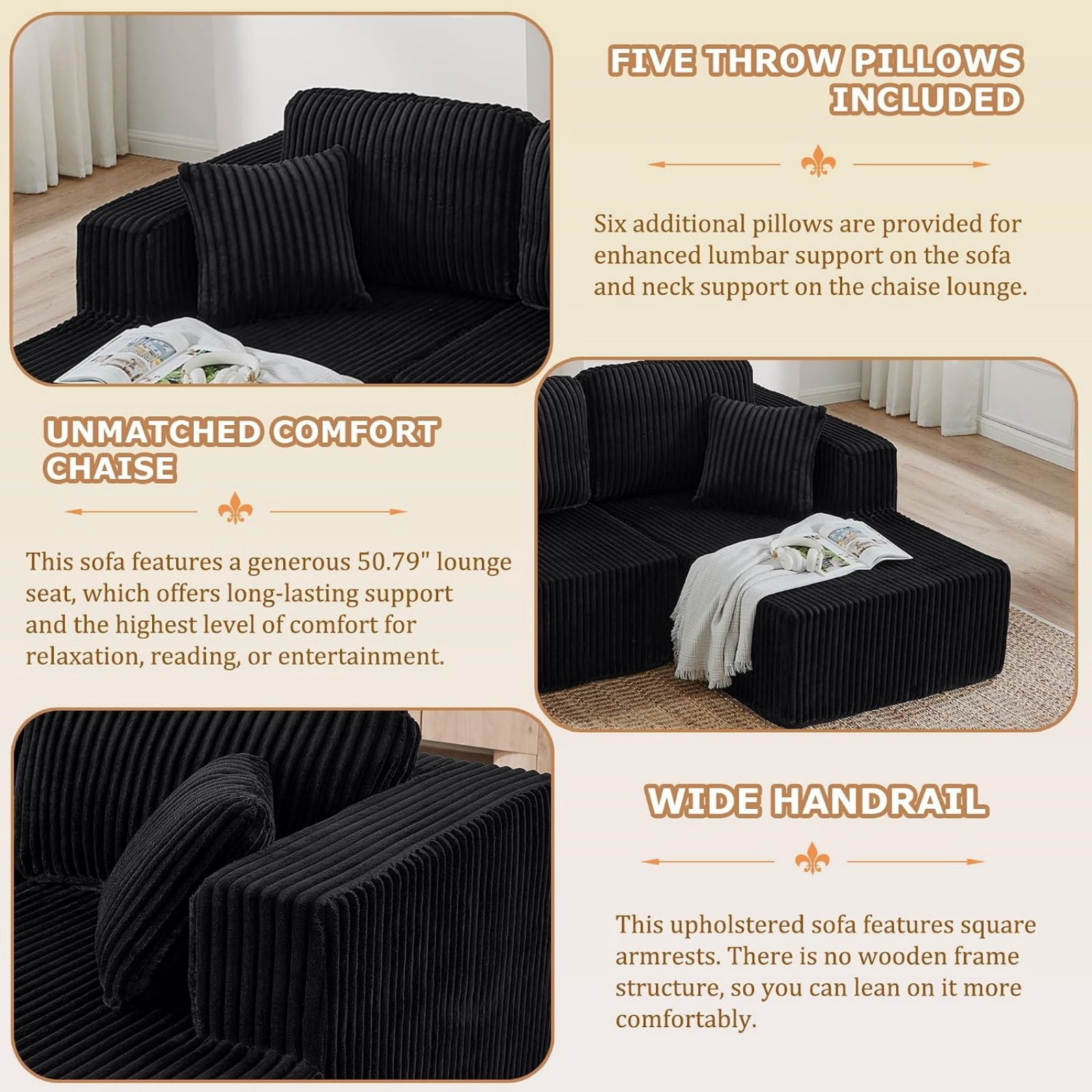 U Shape Modular Sectional Sofa with Chaise, Modern Minimalist Corduroy Couch with Sleeper Design, Comfy Space-Efficient Modular Sofa Set for Living Room, Apartment