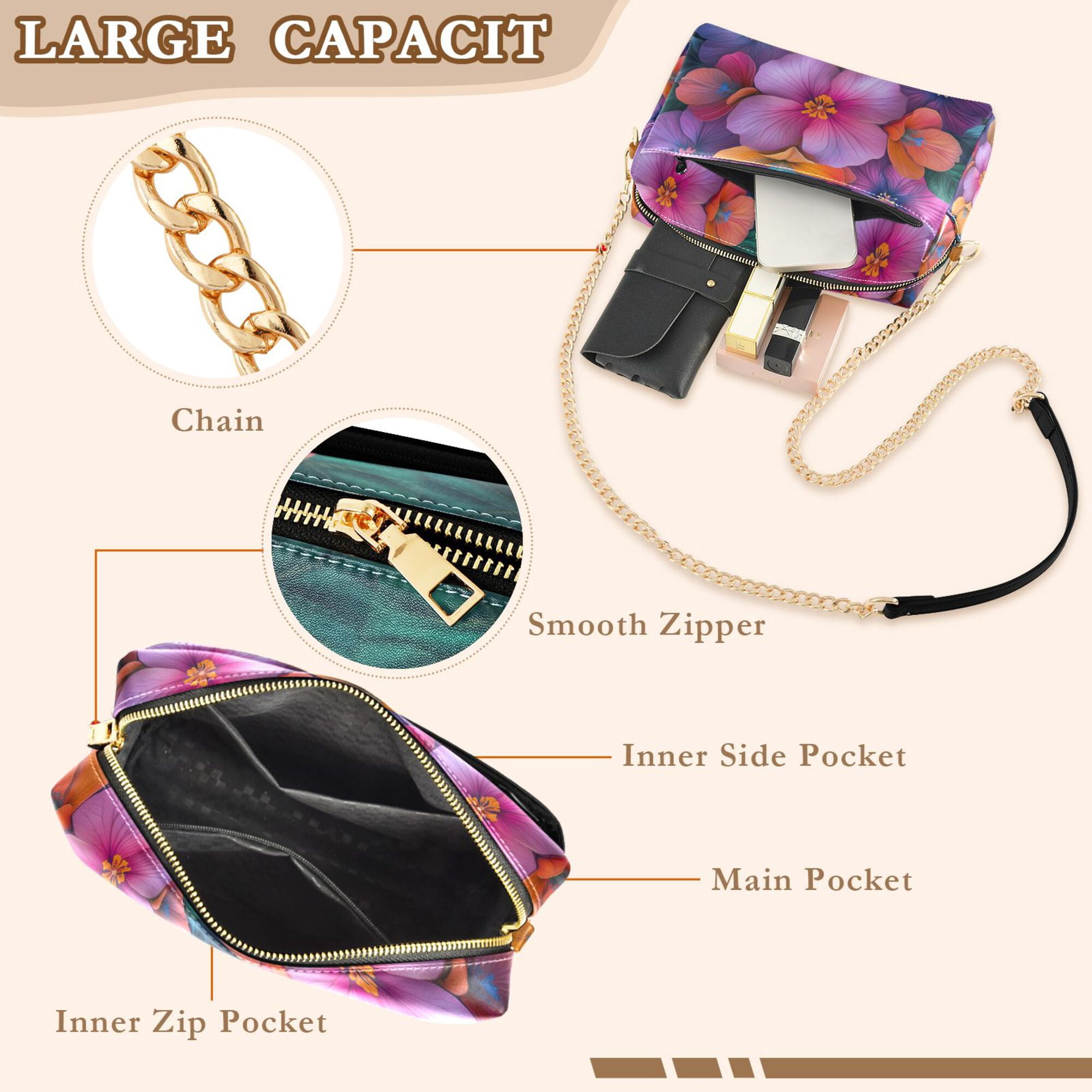 FORMRS Women Crossbody Purse with Chain Strap Vegan Leather Shoulder Handbag, Large Purple Flowers