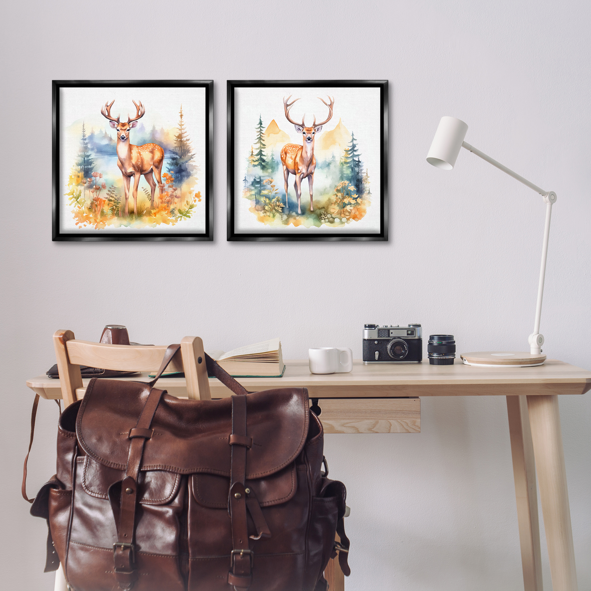 Stupell Industries Wild Deer Mountain Overlook Animals Painting Black Floater Framed Canvas Art Print Wall Art, 18 x 18, Set of 2