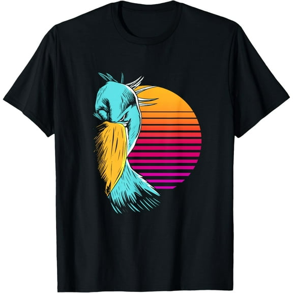 Retro Sunset Shoebill Stork Shoe Bill Bird T-ShirtMen and women, White Black T-shirt, size: Extra large S-1789XL