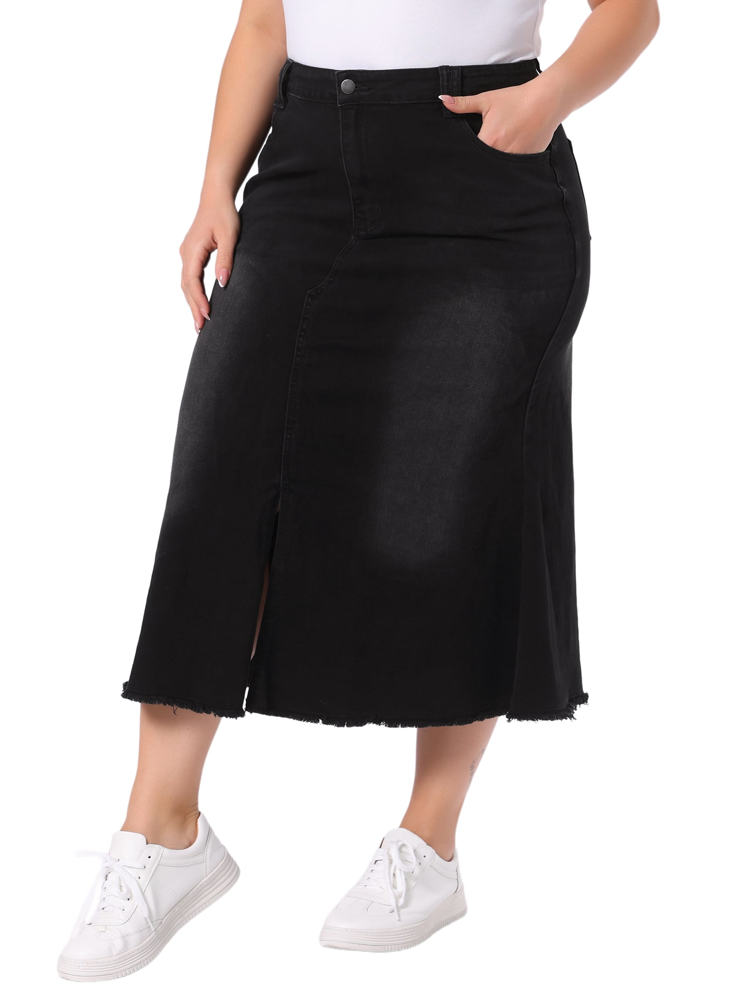DARING DIVA Women's Plus Stylish Denim Fishtail Midi Jean Skirt with Pockets 4X Black