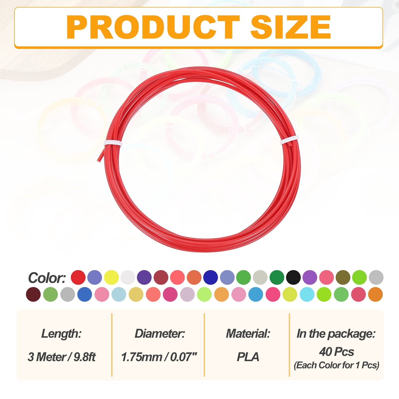 Uxcell 40 Pcs 3D Pen Filament, 1.75mm Dia 9.8ft Length PLA 3D Printing Pen Filament Refills for 1.75mm 3D Printing Pen, 40 Colors