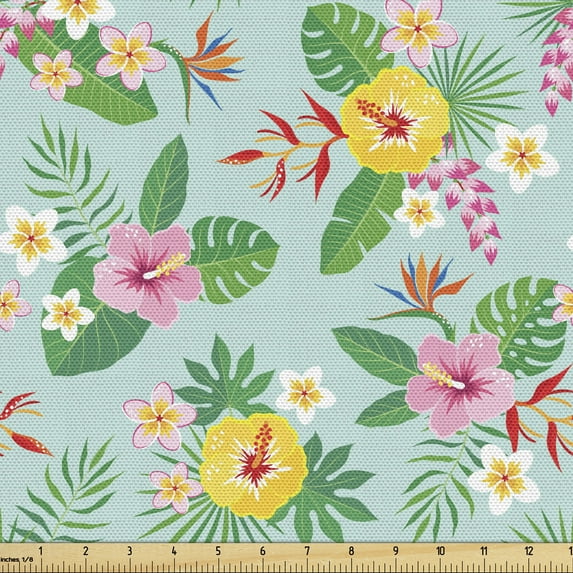 Jungle Fabric by the Yard, Tropical Pattern with Hibiscus Frangipani Heliconia and Bird of Paradise Flowers, Decorative Upholstery Fabric for Chairs & Home Accents, 2 Yards, Multicolor by Ambesonne