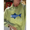 thumbnail image 6 of Women Crew Neck Rib Knit Fish Graphic Oversized Y2k Pullover Sweater Jumper Light Green M, 6 of 8