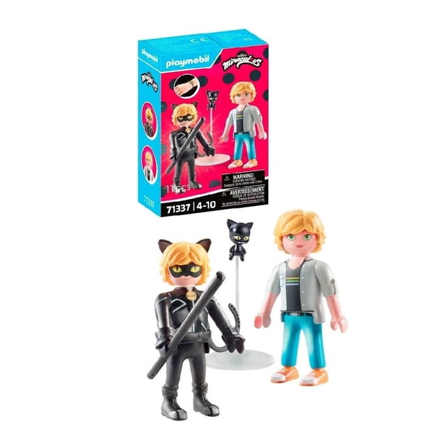 set de juego playmobil miraculous adrien y cat noir 11 piezas Set de juguete con Adrien en versión civil y Cat Noir en traje negro; incluye Kwami Plagg fijado a soporte transparente que parece flotar, bastón/garra y pulsera infantil con dije coleccionable; vista frontal con ambas figuras y la caja sobre fondo blanco.